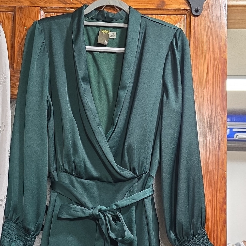 Taylor Deep Green Satin Long Sleeve Dress
